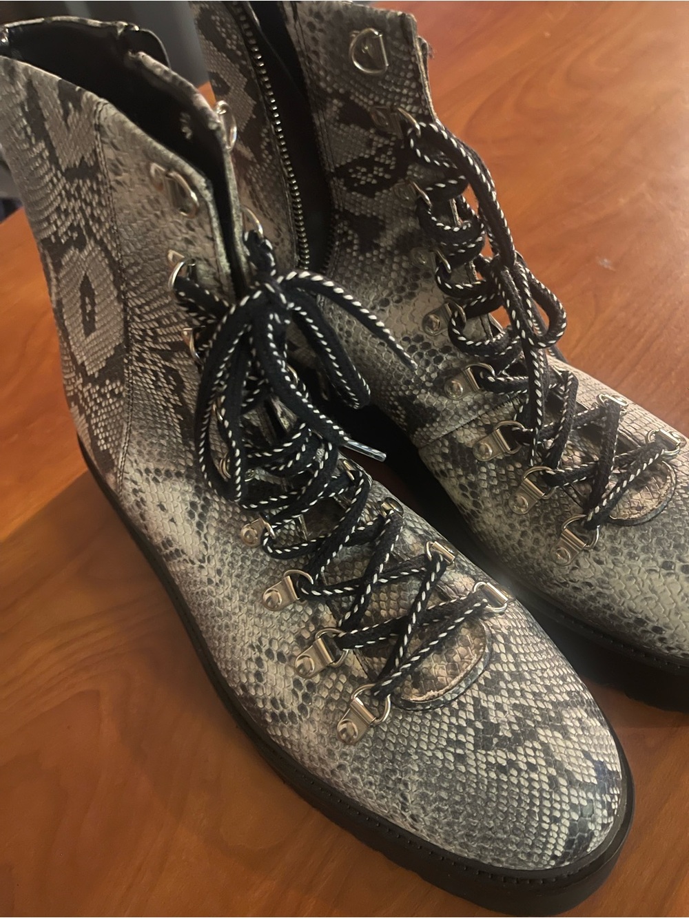 Snake-Print Lace-Up Ankle Boots - Black/Gray